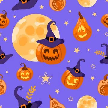 Halloween seamless pattern moon, witch hat, jack lantern, star and leaves. On a Stock Illustration