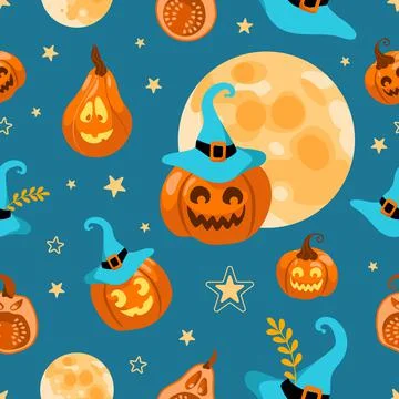 Halloween seamless pattern moon, witch hat, jack lantern, star and leaves. On a Stock Illustration