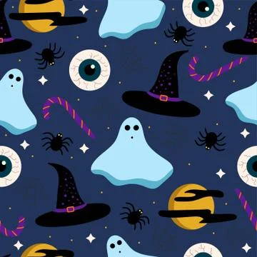 Halloween seamless pattern with mystic elements, witch hats, spiders. Illustrazione stock