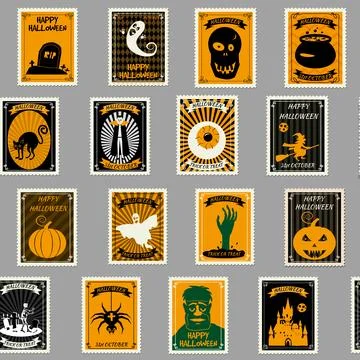 Halloween Seamless pattern old postage stamps vintage Stock Illustration
