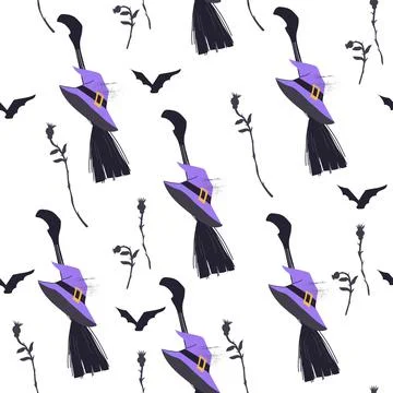 Halloween seamless pattern or wrapping design with witches hat and broom, flat Illustrazione stock