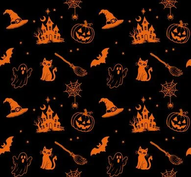 Halloween Seamless Pattern Orange Black Icons Stock Illustration