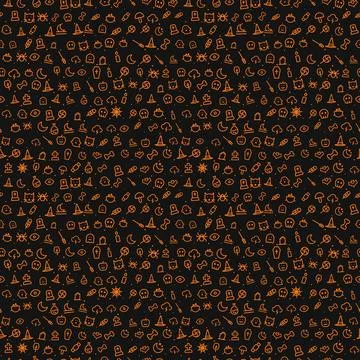 Halloween seamless pattern, orange line icons on black background Stock Illustration
