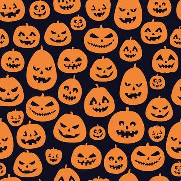 Halloween seamless pattern. Orange pumpkins on black background Stock Illustration