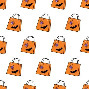 Halloween seamless pattern with orange trick or treat bags bats and spiders. イラスト素材