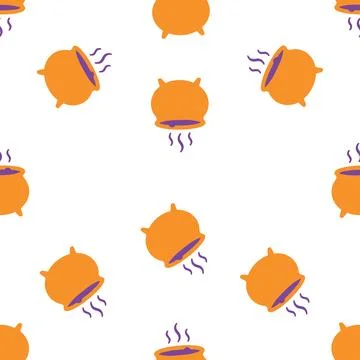 Halloween seamless pattern with orange witch cauldrons and magic purple pot.. Stock Illustration