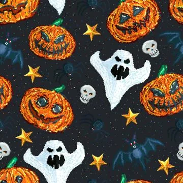 Halloween seamless pattern Pixel Art Illustrazione stock