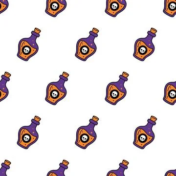 Halloween seamless pattern with poison bottles and skulls. Stockillustratie