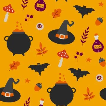 Halloween seamless pattern with potion and witch hat. Illustrazione stock