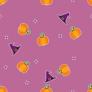 Halloween seamless pattern with pumpkin and witch hat purple background fla.. 스톡 일러스트