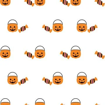 Halloween seamless pattern with pumpkin buckets and candy on white background Stock Illustration