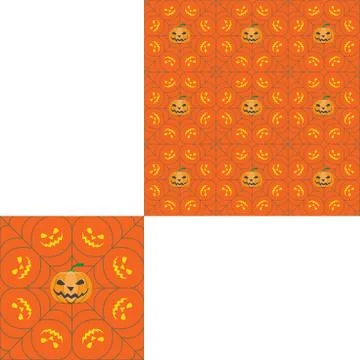 Halloween seamless pattern with pumpkin in center, yellow smiles arranged in Stock Illustration