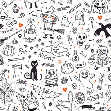 Halloween seamless pattern. Pumpkin, Ghosts, Cats, Skulls, Bats and other Stock Illustration
