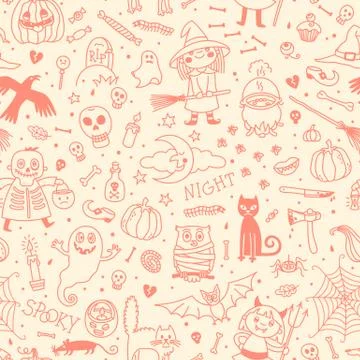 Halloween seamless pattern. Pumpkin, Ghosts, Cats, Skulls, Bats and other Illustrazione stock