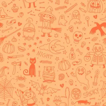 Halloween seamless pattern. Pumpkin, Ghosts, Cats, Skulls, Bats and other Illustrazione stock