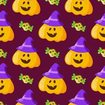 Halloween seamless pattern with Pumpkin Jack o lantern and candies. Smily Stock-Illustration