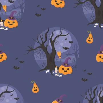 Halloween Seamless pattern with pumpkin jack lantern in witch hat in night Illustrazione stock