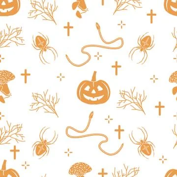 Halloween seamless pattern. Pumpkin, spider, snake イラスト素材