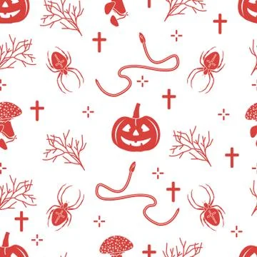 Halloween seamless pattern. Pumpkin, spider, snake Stock Illustration