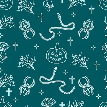 Halloween seamless pattern. Pumpkin, spider, snake Stock Illustration
