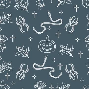 Halloween seamless pattern. Pumpkin, spider, snake Stock Illustration