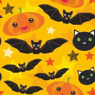 Halloween seamless pattern With Pumpkin, stars, bats, Black cat, yellow orang Stock Illustration