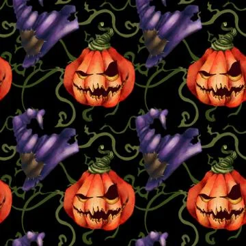 Halloween. Seamless pattern. Pumpkin with a terrible face. Scions and a witch Stock Illustration