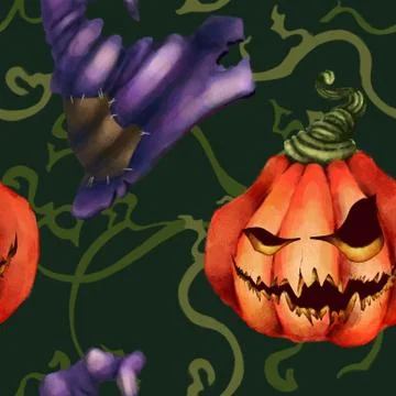 Halloween. Seamless pattern. Pumpkin with a terrible face. Scions and a witch Stock Illustration