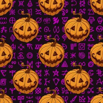 Halloween seamless pattern with pumpkins on ancient scripts background Stock Illustration