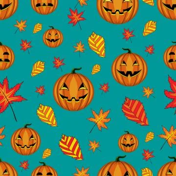 Halloween seamless pattern with pumpkins and autumn leaves Illustrazione stock