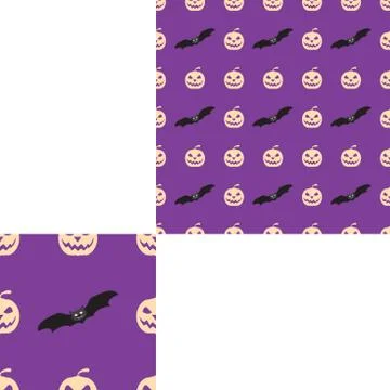 Halloween seamless pattern with pumpkins and bats on the lilac background wit Stock Illustration