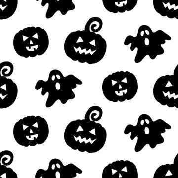 Halloween seamless pattern with pumpkins and ghosts Stock Illustration