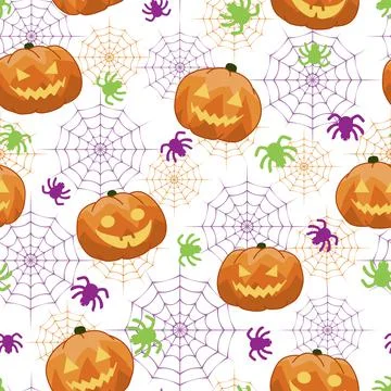Halloween seamless pattern - pumpkins and spiders vector Stock Illustration