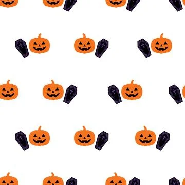 Halloween seamless pattern with pumpkins and coffins on white background. Illustrazione stock
