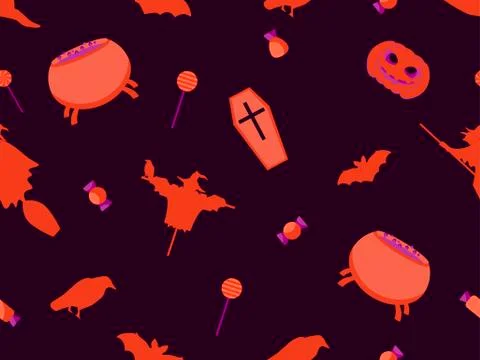 Halloween seamless pattern with pumpkins, bats and witches. Festive elements. Stock Illustration