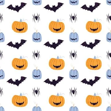 Halloween seamless pattern with pumpkins, bats, spider Stock Illustration