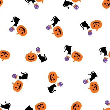 Halloween seamless pattern with pumpkins, black cats, and magic balls on wh.. Stockillustratie