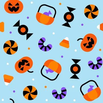 Halloween seamless pattern with pumpkins candy corn and treat baskets Stockillustratie