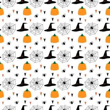 Halloween seamless pattern with pumpkins, cobwebs, spiders and decorative hearts Illustrazione stock