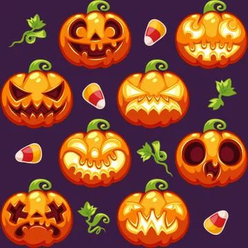 Halloween Seamless Pattern with Pumpkins on Dark Background Stock Illustration