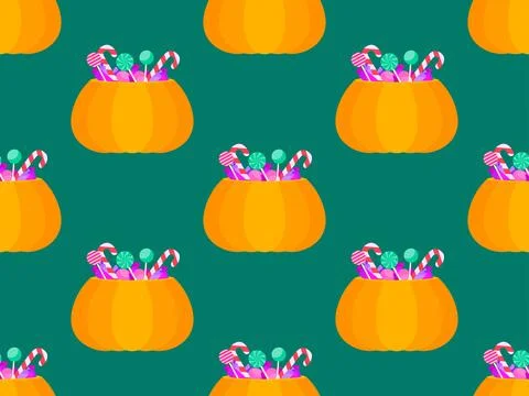 Halloween seamless pattern with pumpkins filled with candies and lollipops... Stockillustratie