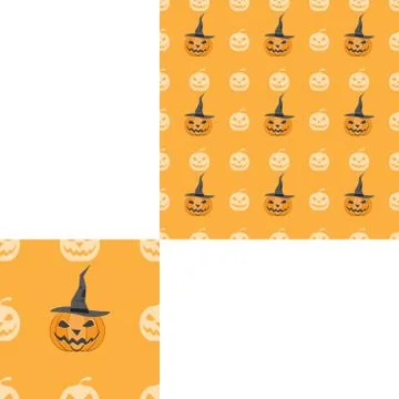 Halloween seamless pattern with pumpkins in magic hat on the lilac background Stock Illustration