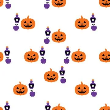 Halloween seamless pattern with pumpkins potions and apples. Stockillustratie