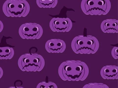 Halloween seamless pattern, pumpkins with scary faces. Jack-o-lantern violet  Stock Illustration