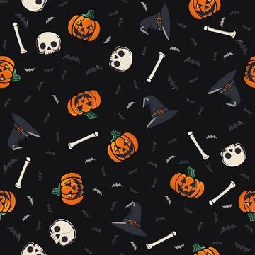 Halloween seamless pattern of pumpkins, skulls, witch hats, bats and bones .. Illustrazione stock