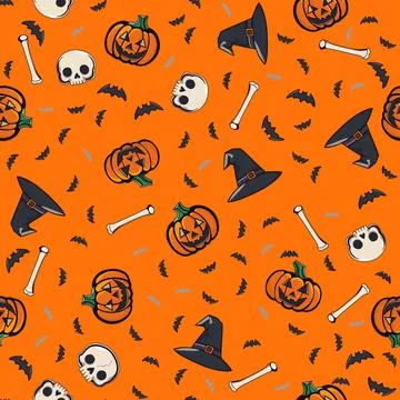Halloween seamless pattern of pumpkins, skulls, witch hats, bats and bones .. Illustrazione stock