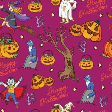 Halloween Seamless pattern with pumpkins, vampire, cat Illustrazione stock