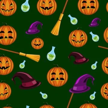 Halloween seamless pattern with pumpkins, witches hats and brooms Stock Illustration