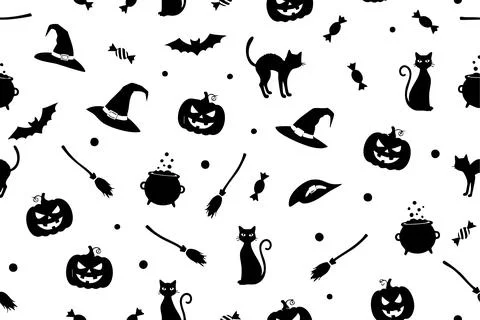 Halloween seamless pattern with pumpkins, witches hats, cats, bats, and candy Stock Illustration
