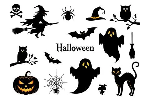 Halloween seamless pattern with pumpkins, witches hats, cats, bats, and candy Illustrazione stock